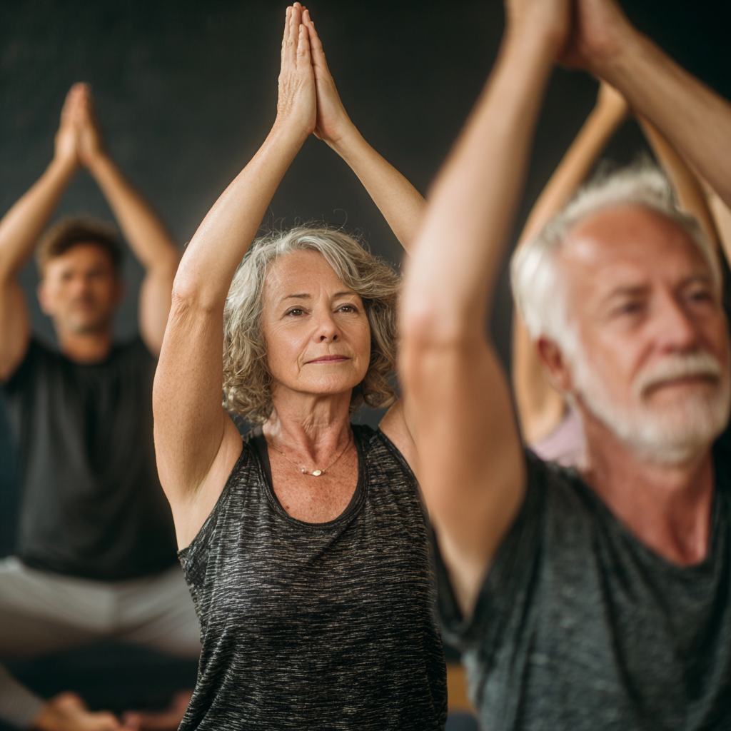 mature adults practicing gentle yoga stretches in group setting