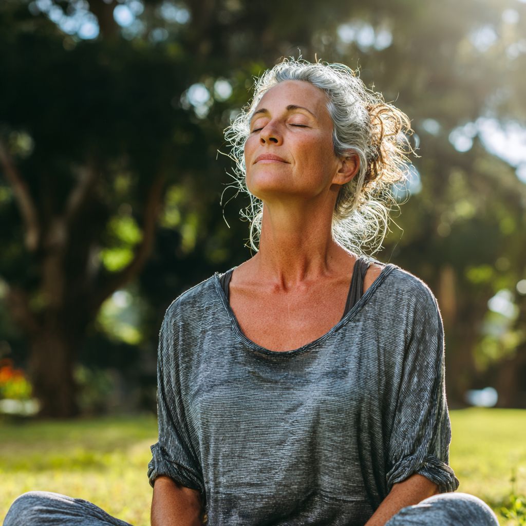 middle-aged woman practicing yoga meditation in peaceful setting
